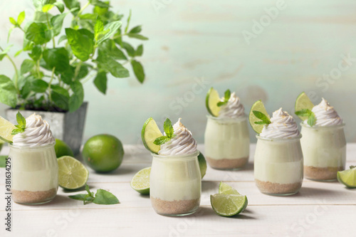 Summer green lime desserts in jars
