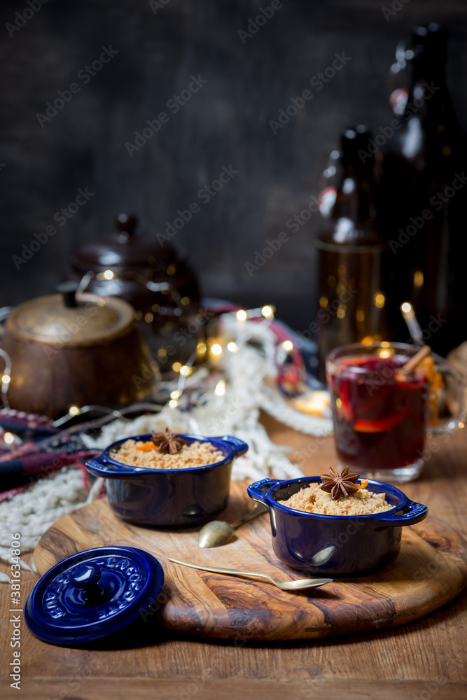 Winter crumble dessert and mulled wine Winter crumble dessert and mulled wine