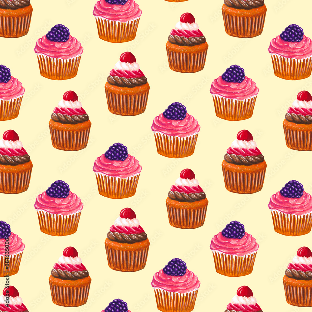 Pattern of cupcakes drawn by hand. Sweet, bright muffins. Food dessert for celebration. Design for wrappers, textiles, cupcake packages. Pattern of cupcakes drawn by hand. Sweet, bright muffins. Food dessert for celebration. Design for wrappers, textiles, cupcake packages.