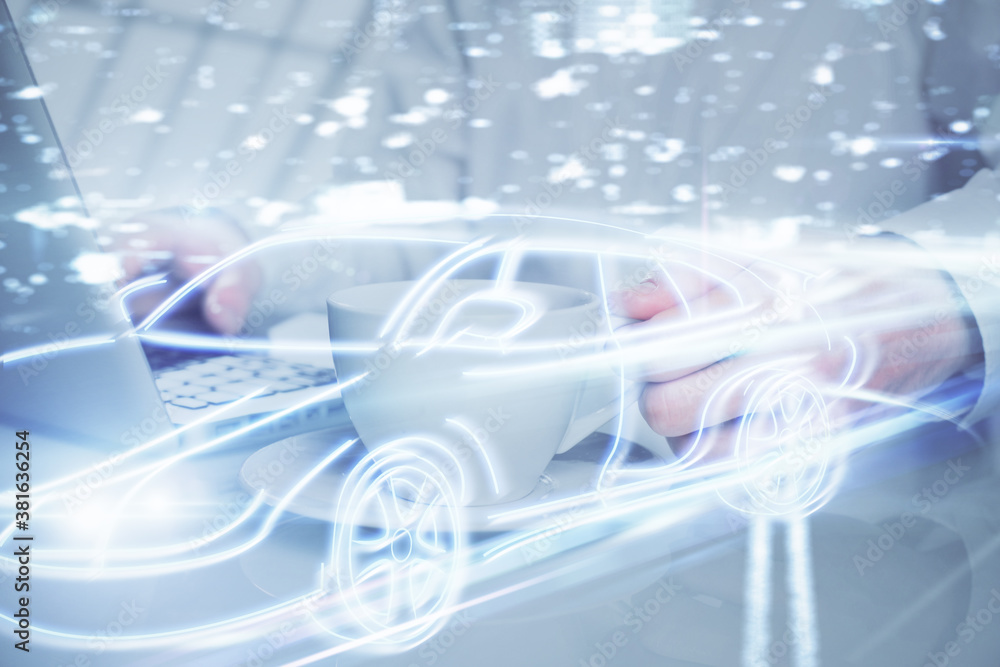 Automobile theme drawing with businessman working on computer on background. Autopilot taxi concept. Double exposure. Automobile theme drawing with businessman working on computer on background. Autopilot taxi concept. Double exposure.