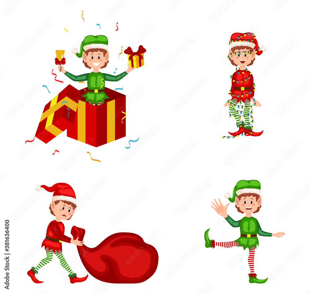 funny and joyful santa helper sending holiday gift and decoration christmas tree. Set of cute playful Christmas elves. Collection of cute Santa Claus helpers. funny and joyful santa helper sending holiday gift and decoration christmas tree. Set of cute playful Christmas elves. Collection of cute Santa Claus helpers.
