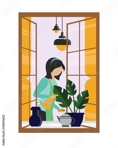Vector illustration. The girl at home takes care of the plants, wipes the dust, cleans. Opened window. Cleaning company. Gardener. Blank for the site, banner, template for the site.