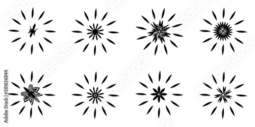 Collection black color element icons of sun stars radial starburst with creative flower banner logo decoration icons vector illustration  abstract background texture wallpaper pattern seamless art gra