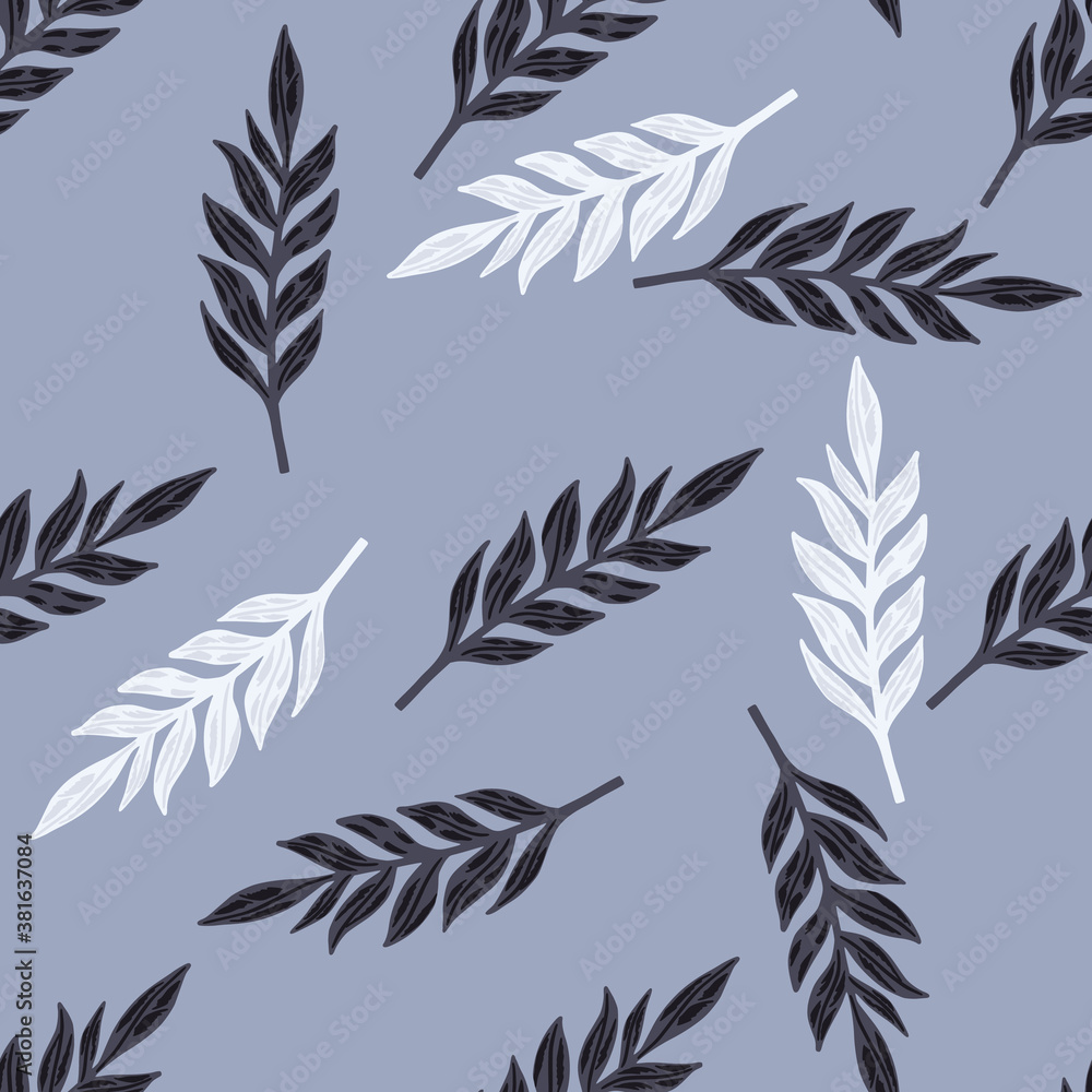 Seamless random pattern with leaves branches elements. Blue background. White and dark botanic ornament. Seamless random pattern with leaves branches elements. Blue background. White and dark botanic ornament.