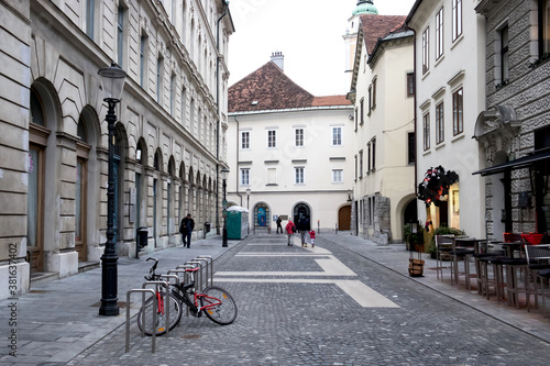 The old street and the exterior of historic architecture in the downtown of Ljibljana  Slovenia