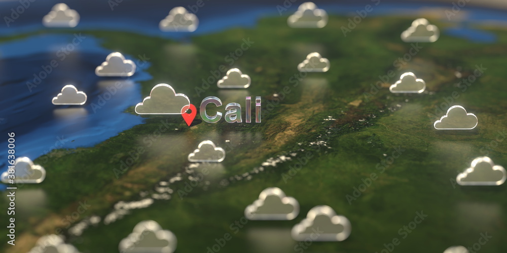 Cali city and cloudy weather icon on the map, weather forecast related 3D rendering Cali city and cloudy weather icon on the map, weather forecast related 3D rendering