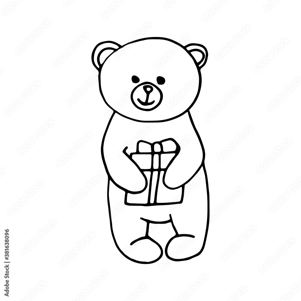 Obraz premium bear with a gift in his paws sketch icon, sticker, card, poster hand drawn vector doodle, scandinavian, minimalism, monochrome. single element for design. holiday, valentine day, christmas, birthday,