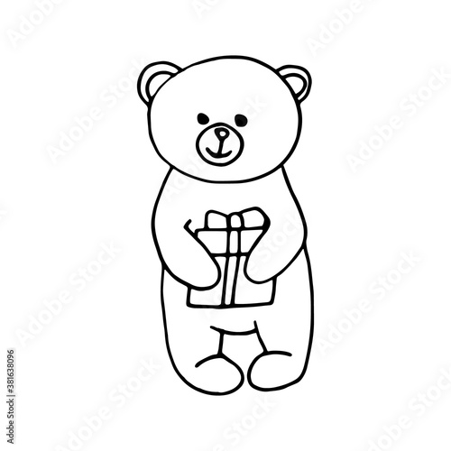 bear with a gift in his paws sketch icon, sticker, card, poster hand drawn vector doodle, scandinavian, minimalism, monochrome. single element for design. holiday, valentine day, christmas, birthday,