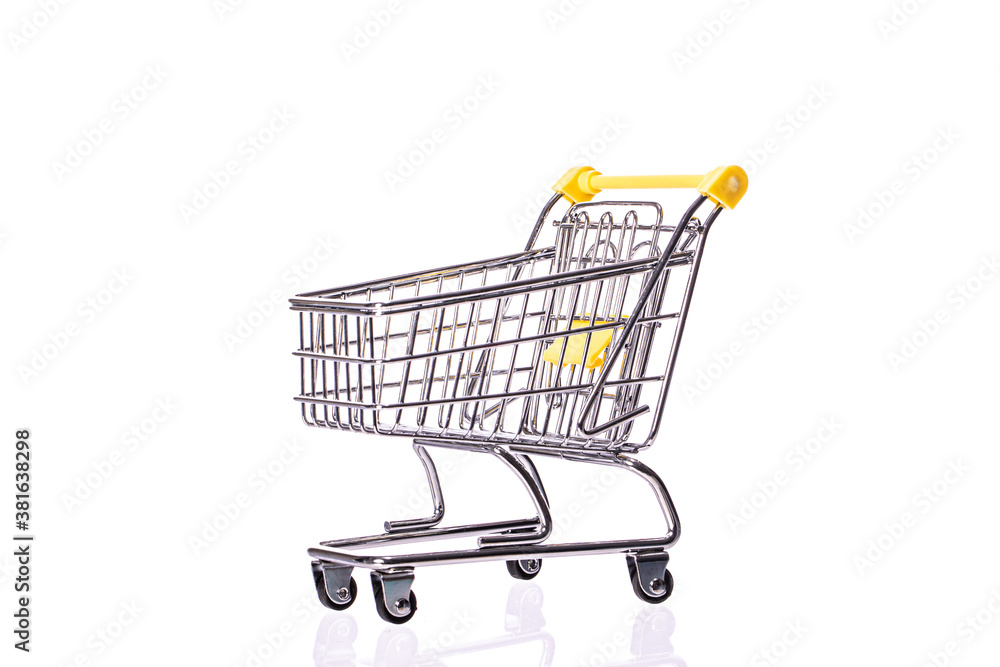 Small empty shopping cart trolley isolated on white background. Department store, supermarket, e-commerce, online shopping, marketing deal poster, black friday sale concept. Copy text space