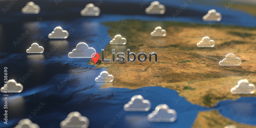 Lisbon city and cloudy weather icon on the map, weather forecast related 3D rendering Lisbon city and cloudy weather icon on the map, weather forecast related 3D rendering