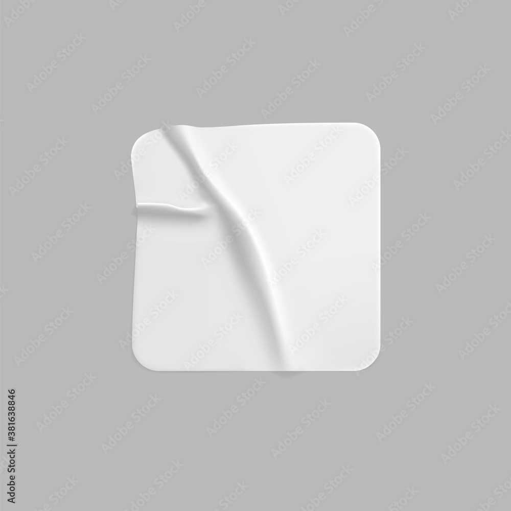 White square glued sticker mock up. Blank white adhesive square paper or plastic sticker label with wrinkled, crumpled effect. Blank template label tags. 3d realistic vector White square glued sticker mock up. Blank white adhesive square paper or plastic sticker label with wrinkled, crumpled effect. Blank template label tags. 3d realistic vector