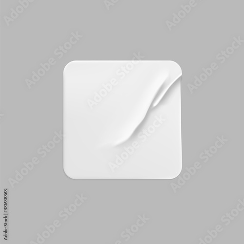 White square glued sticker mock up. Blank white adhesive square paper or plastic sticker label with wrinkled, crumpled effect. Blank template label tags. 3d realistic vector