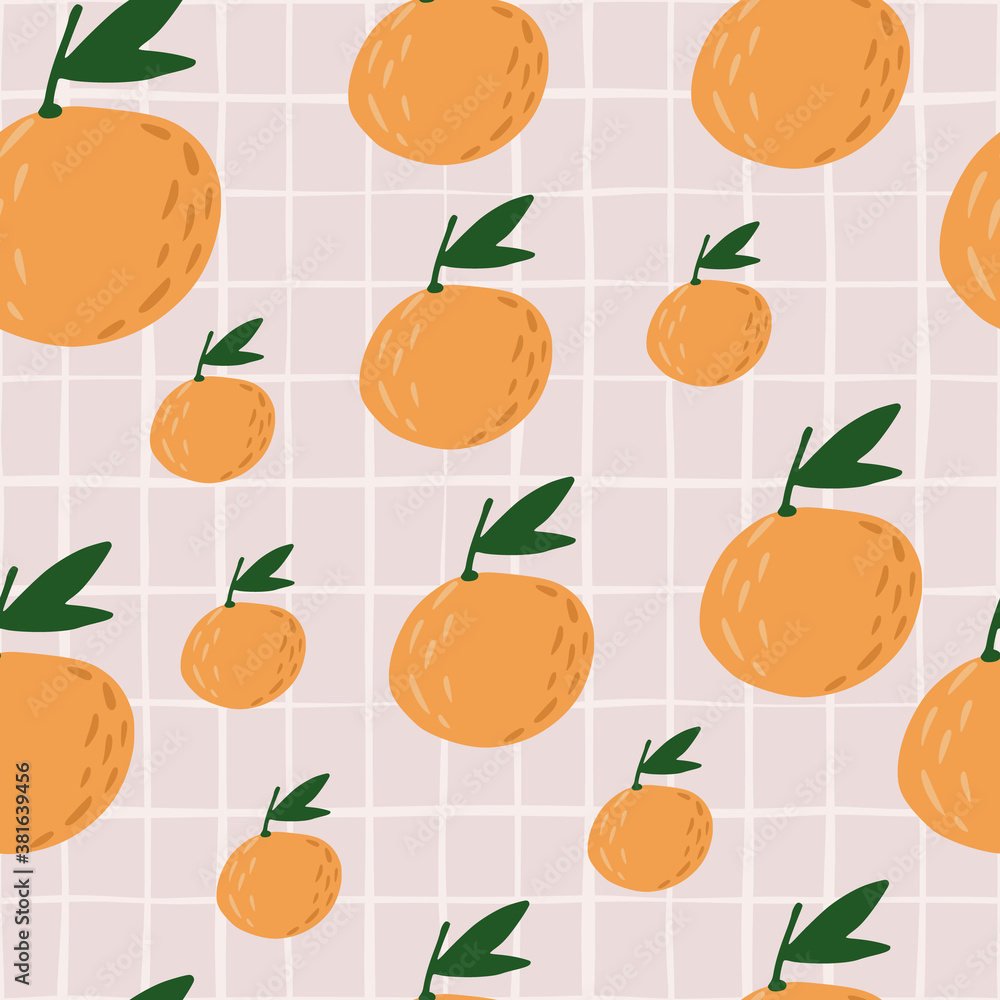 Random seamless fruit pattern with orange mandarins silhouettes. Light pink chequered background. Random seamless fruit pattern with orange mandarins silhouettes. Light pink chequered background.