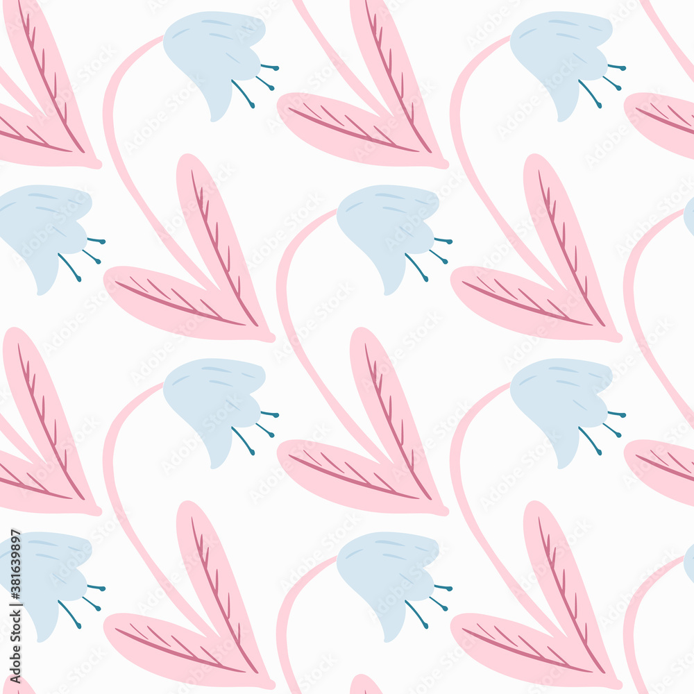 Isolated seamless pattern with stylized campanula simple elements. Scandinavian flowers ornament in blue and pink tones on white background.