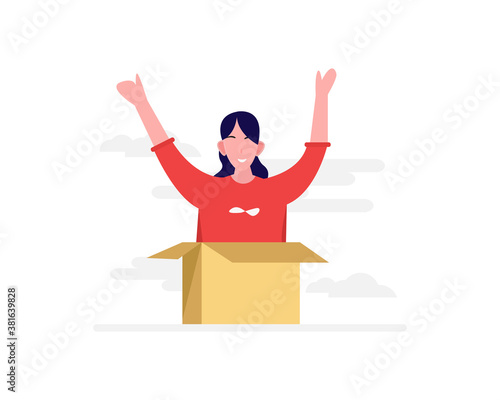 Flat design vector illustration of man opening box or unboxing concept photo