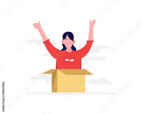 Flat design vector illustration of man opening box or unboxing concept