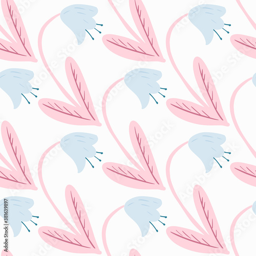 Isolated seamless pattern with stylized campanula simple elements. Scandinavian flowers ornament in blue and pink tones on white background.