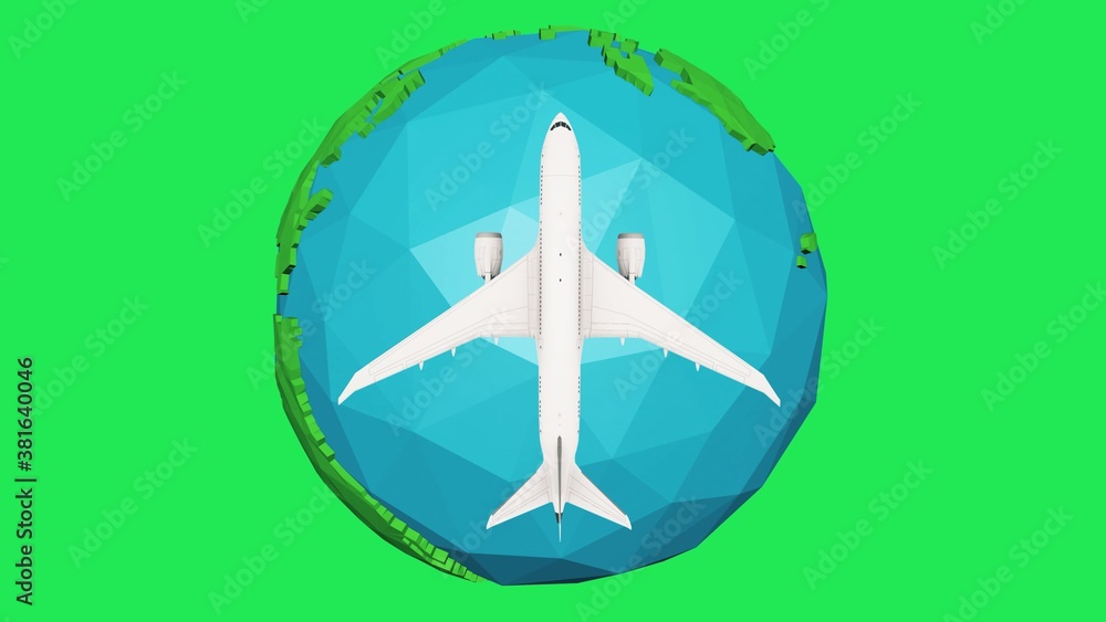 Airplane flying around cartoon earth on green background. 3d illustration