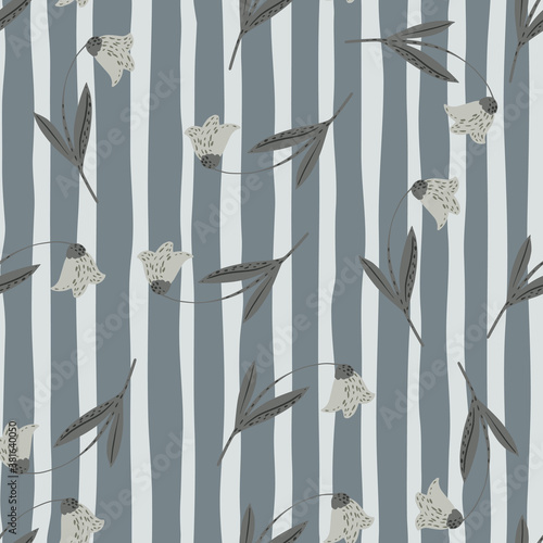 Seamless random pattern with bluebell flowers ornament. Striped background. Grey palette botanic artwork.