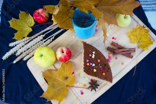 Autumn still life with a cupcake and apples, top view photo