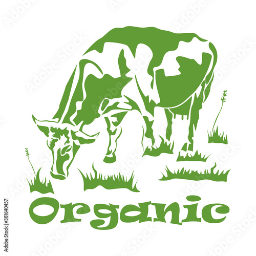 Silhouette of a cow, grass, the inscription Organic. Logo for a natural product, for the dairy and meat business, for a store, for a bazaar. Vector illustration.