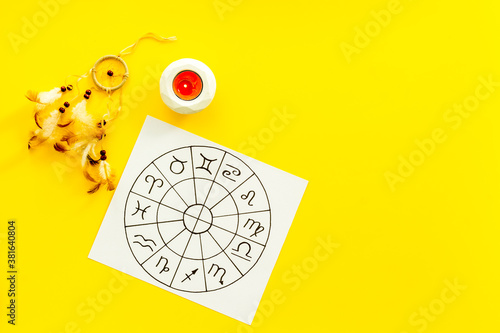 Fotografie Horoscope wheel of zodiac symbols on work place