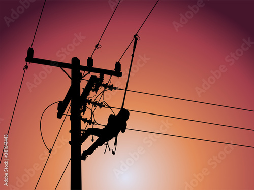 Power outage concept : Lineman is releasing the electricity of the transformer from the high voltage distribution system. To check the cause of the power failure.