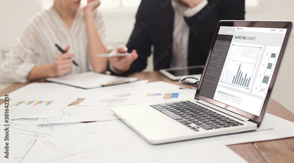 Online Marketing Specialists Working In Office With Internet Charts, Collage Online Marketing Specialists Working In Office With Internet Charts, Collage