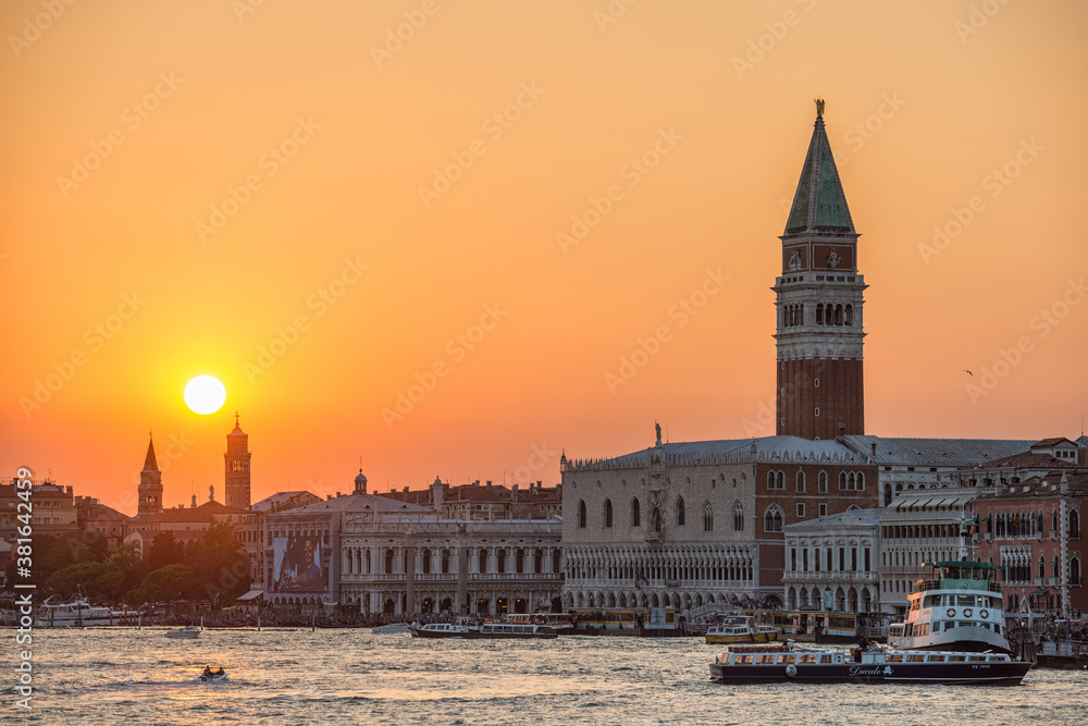 St Mark's Square and Campanile at Sunset from the Basin, Venice, Italy