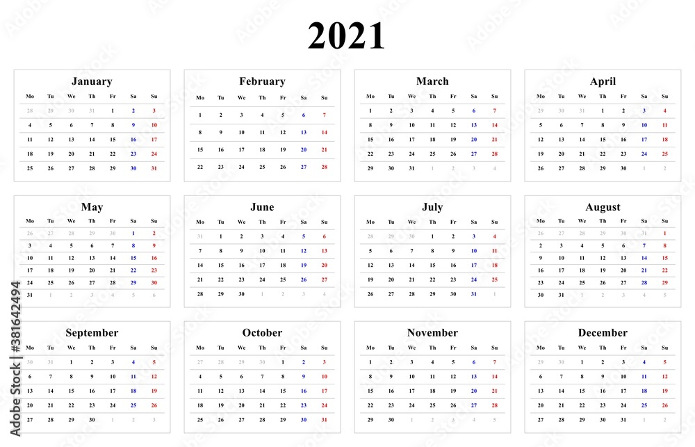 Calendar 2021 year, English version, simple design, raster Calendar 2021 year, English version, simple design, raster