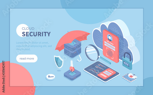 Cloud Security, Data Protecting. Secure backup exchange and encryption. Safe hosting service, authorization, identification. Isometric vector illustration for poster, presentation, banner, website.