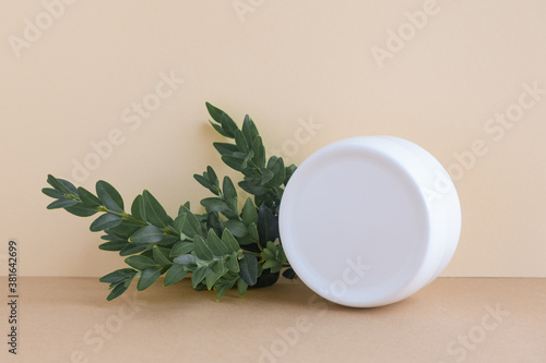 White empty cosmetic jar with cream, moisturizing lotion or hair mask next to green leaves. Natural organic ingredients. Mockup Front view. Natural cosmetics concept