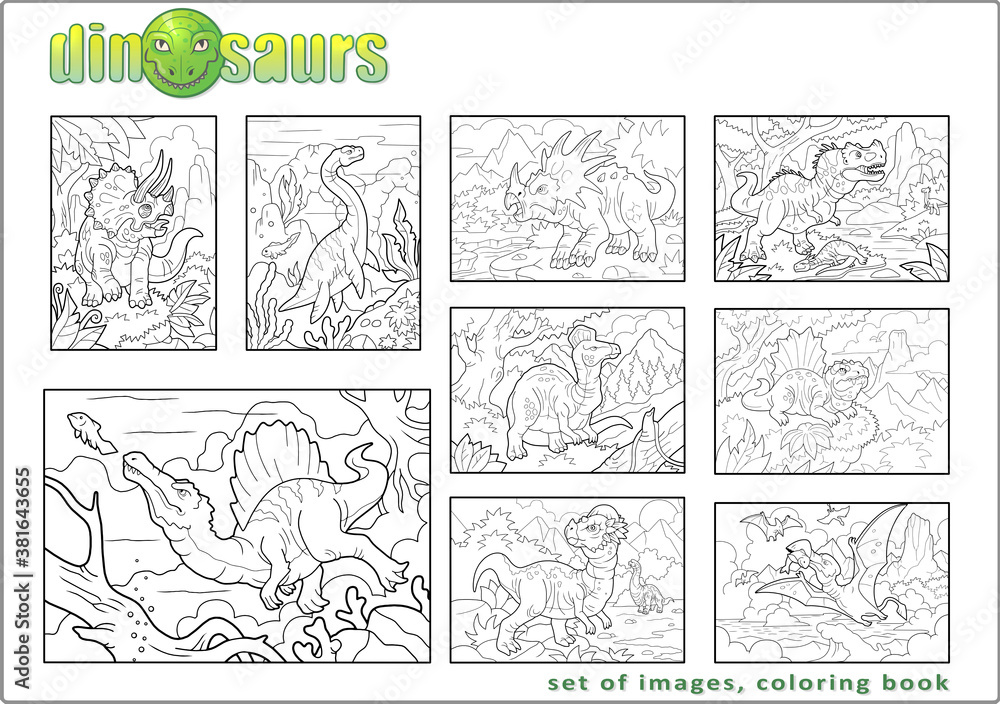 prehistoric dinosaurs, coloring book, set of images