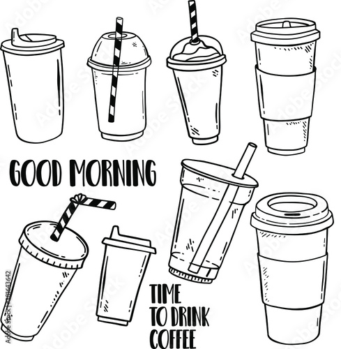 Drinks and coffee cups hand drawn vector illustration. Coffee hot drinks take away.