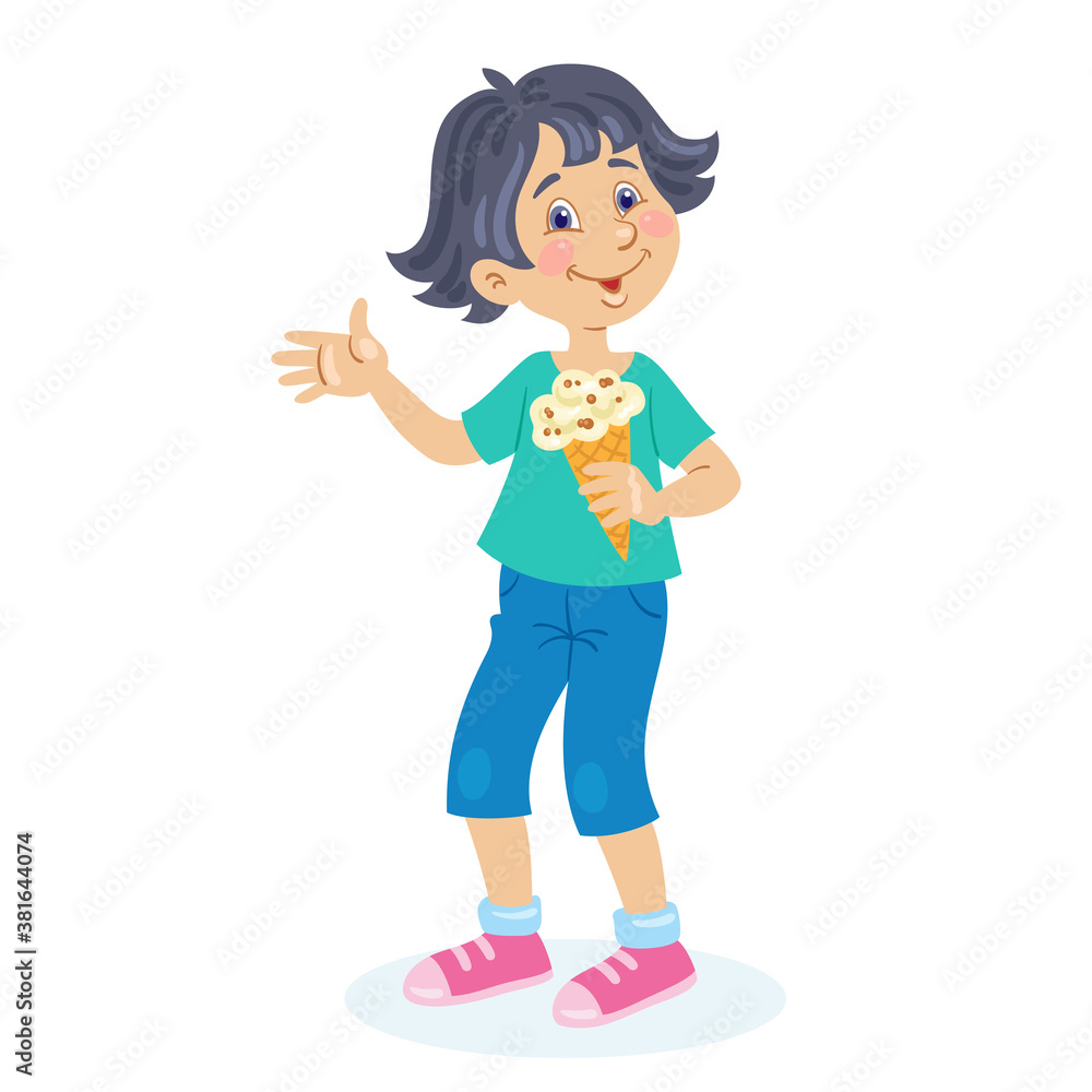 Happy child with ice cream. In cartoon style. Isolated on white background. Vector flat illustration. Happy child with ice cream. In cartoon style. Isolated on white background. Vector flat illustration.