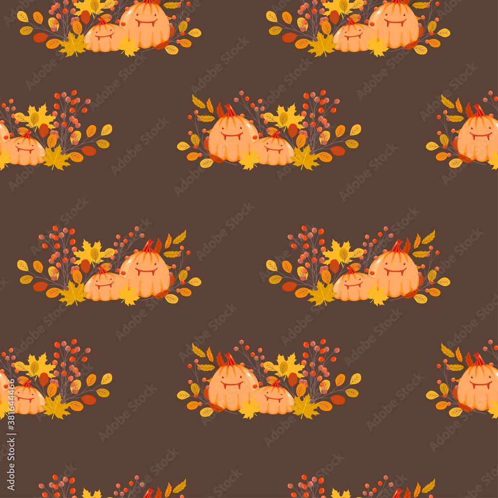 Dark halloween hand drawn seamless vector background with funny pumpkins and autumn leaves