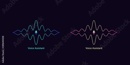 Outlined sound wave shape with microphone for voice recognition. Abstract audio wave silhouette, voice command control