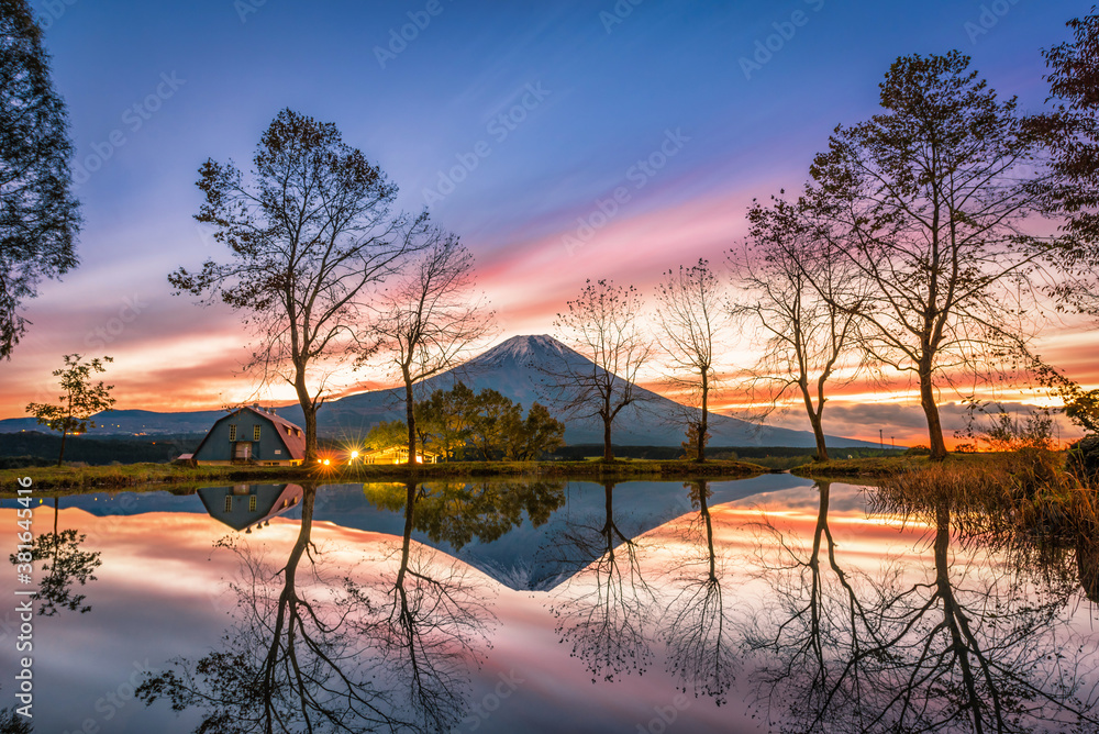 Mt. Fuji with big trees and lake at sunrise in Fujinomiya, Japan.