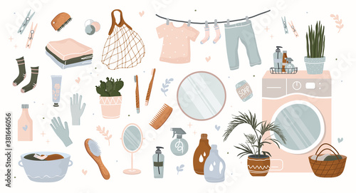 Bath accessories for body care. Vector stock illustration. Laundry supplies, washing machine and powder. Cosmetics and hygiene. Elements for bathroom interior decor. With tickers and stickers.