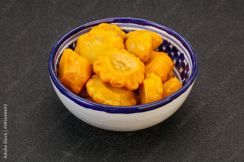 Marinated yellow patisson in the bowl Marinated yellow patisson in the bowl