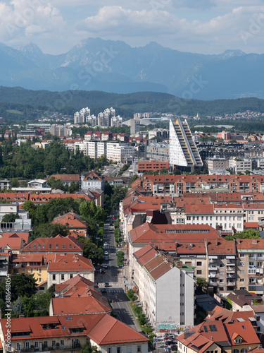 Ljubjana city view form castle hill with mountains in the background