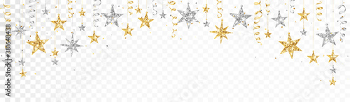 Holiday decoration, glitter border with stars. Festive vector background isolated on white. Gold and silver garland, frame. For Christmas and New Year banners, headers, birthday cards.