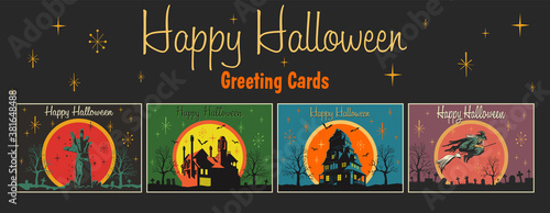 Happy Halloween Greeting Card Set, Houses with the Ghosts, Flying Witch, Zombie's Hand