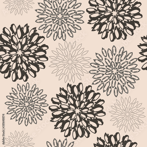 Round flowers with many petals. Brown elegant pattern on a beige background