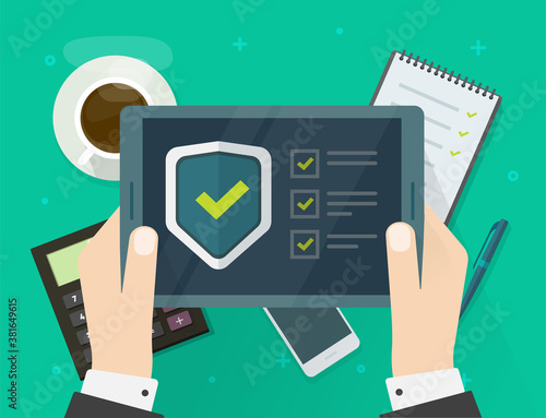 Security verification check list digital test on tablet computer software guard online vector, internet virus attack web protection, secure safety guard technology, person fraud spy checklist scan