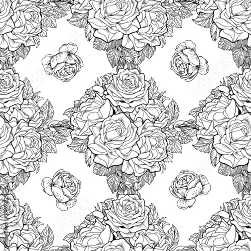 Line art rose flowers. Seamless background pattern.