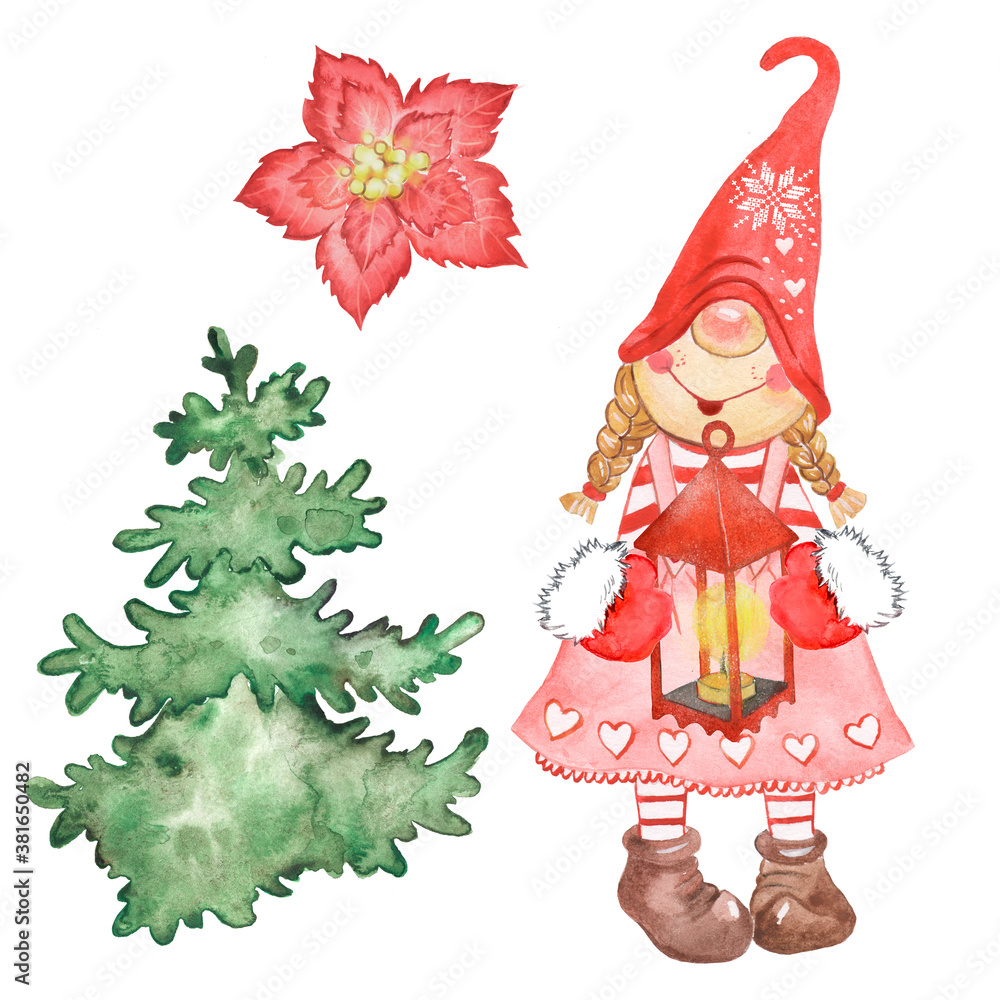 Watercolor illustration with Christmas gnome girl, gnome holding a flashlight. New Year, holiday, gifts, Christmas tree.