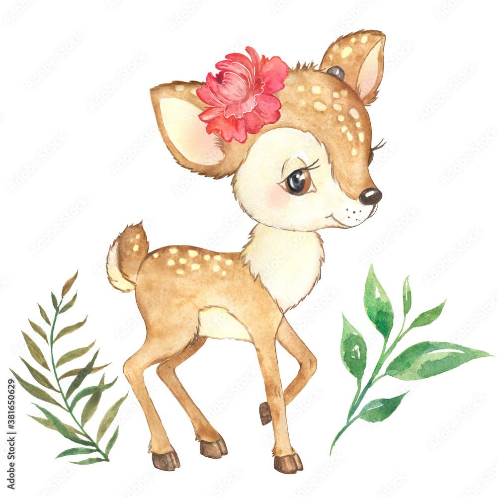 Watercolor illustration of a cute little deer, forest animal, baby animal  deer Stock Illustration | Adobe Stock