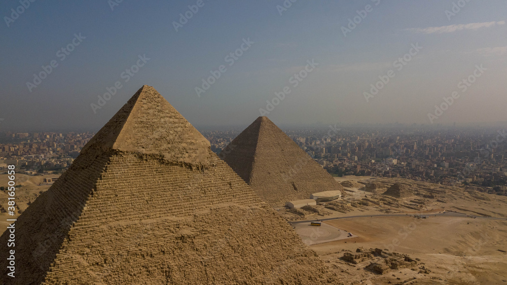 Historical Giza pyramids in Egypt shot by drone.