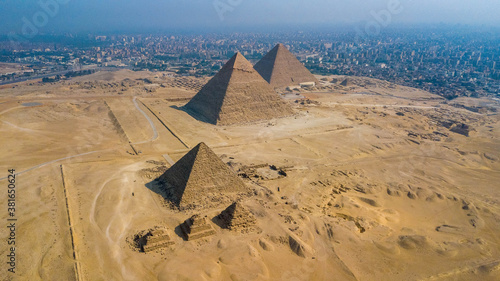 Historical Giza pyramids in Egypt shot by drone. photo